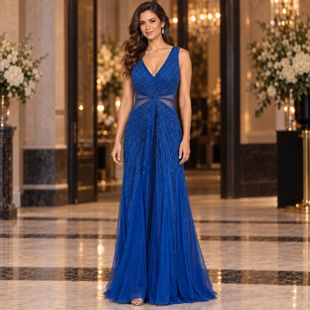 Adrianna Papell Royal Blue Hand Beaded Sequin Mesh V-Neck 10 Formal Gown Dress